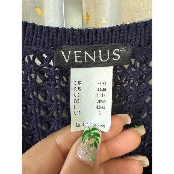 Venus Women's Loose Crochet Row Columns Knit Quarter Zip Navy Sweater S - Picture 6 of 8